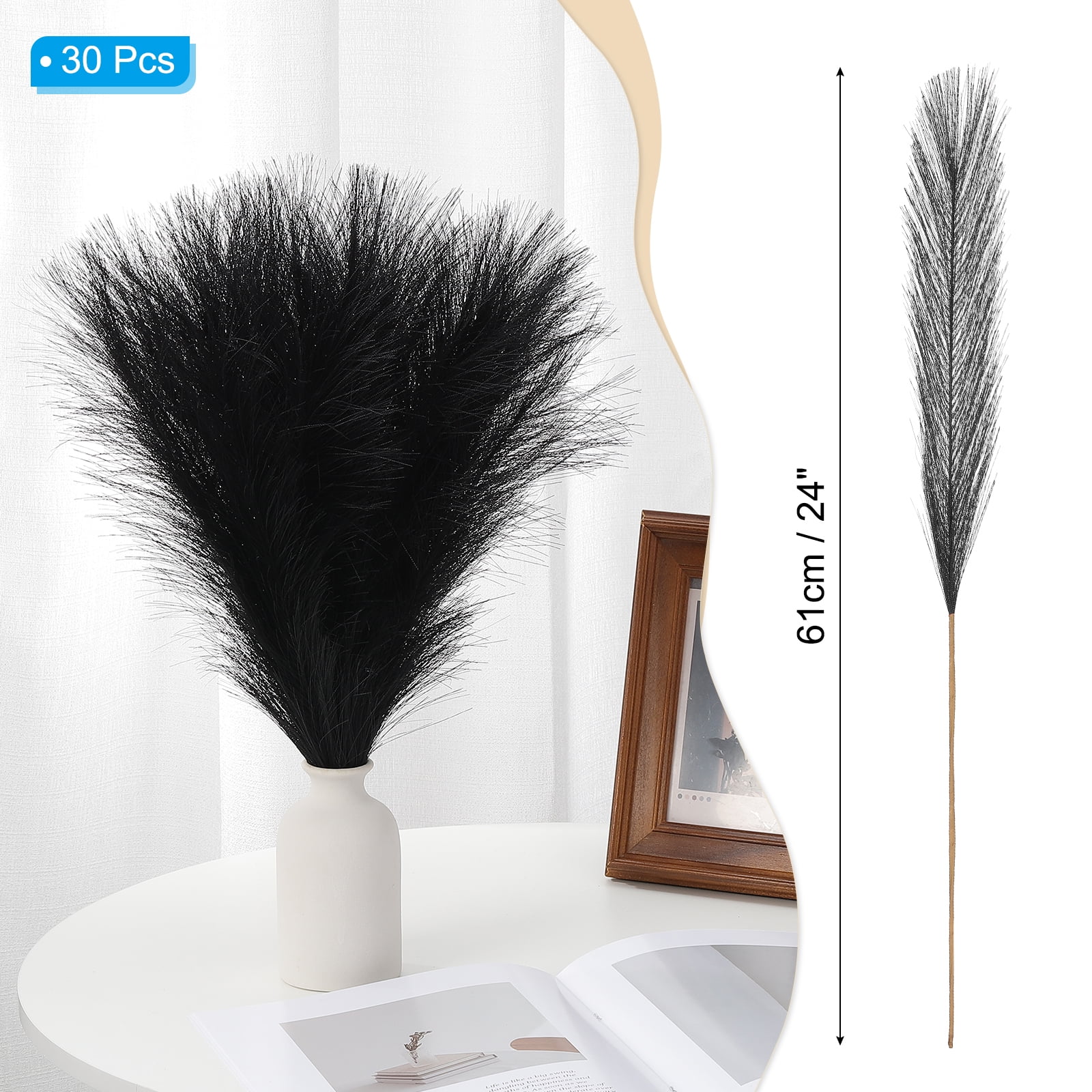 Uxcell 24" Pampas Grass Decor 30Pcs Artificial Pampas Grass Bulk Fluffy Faux Pampas Grass Small Dried Black