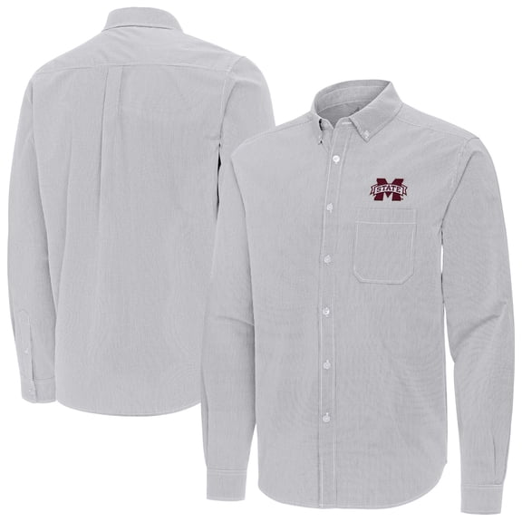 Men's Antigua Gray Mississippi State Bulldogs Porter Woven Tri-Blend Long Sleeve Button-Down Shirt