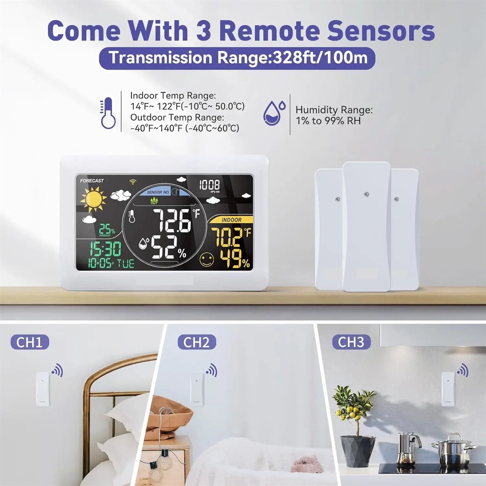 Weather Station Wireless Indoor Outdoor Thermometer Wall Alarm Clock Pressure App Online Real-time Forecast Monitor ,Excellent Visual Experience