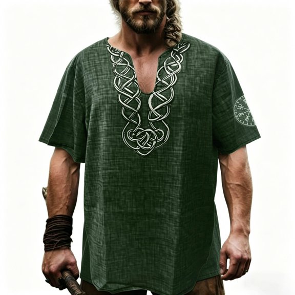 Ahabrexf Men's Shirt V-Neck Short Sleeve Casual Ethnic Style Lightw8 Breathable Top for Summer