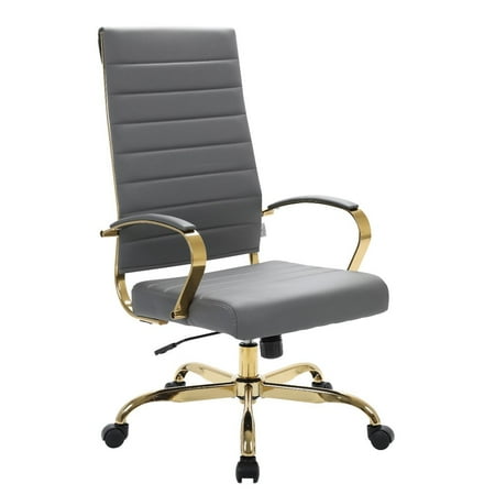 UPC: 0765531575631 | LeisureMod Benmar High-Back Mid-Century Modern Swivel Leather Office Chair With Gold Frame in Gray
