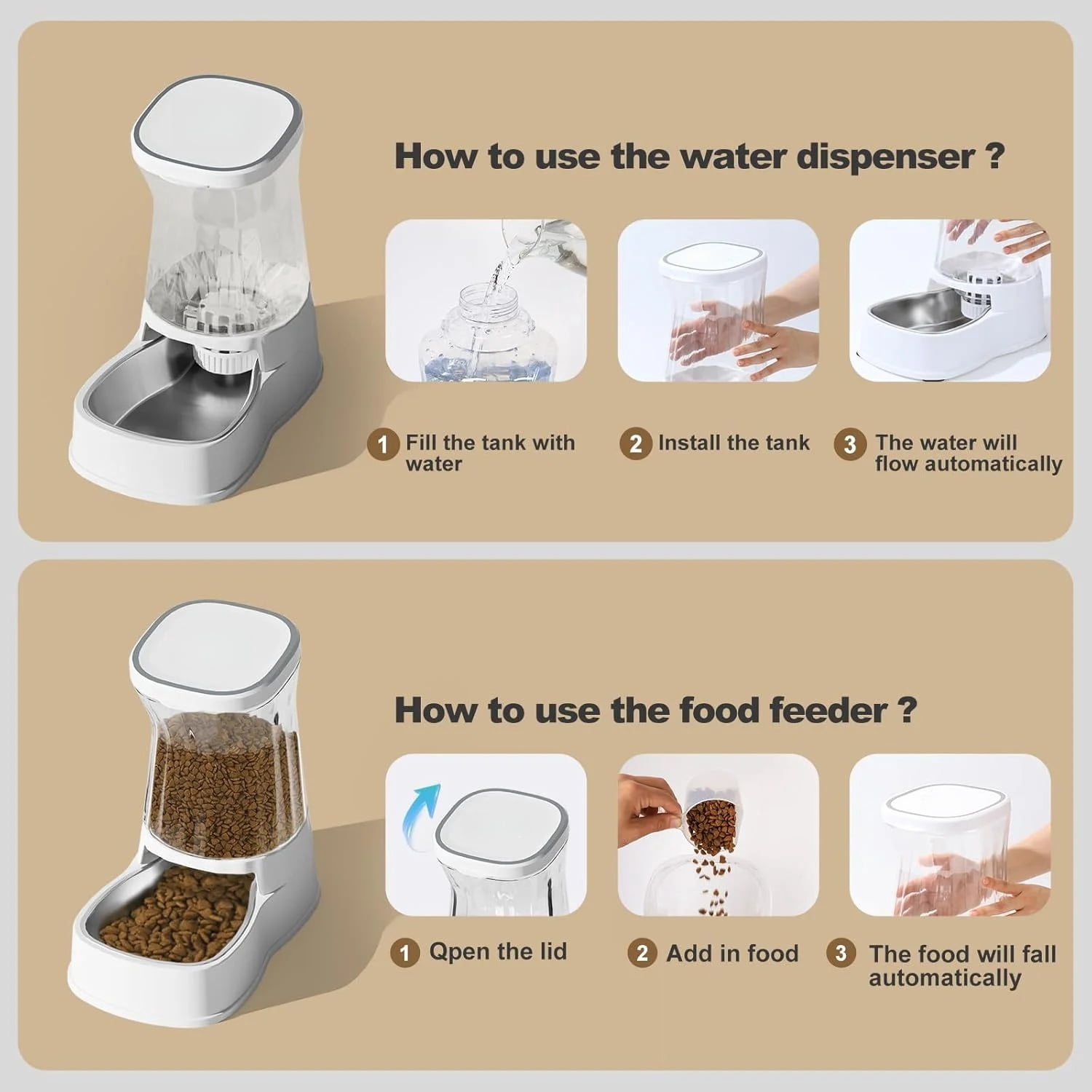 Nomipaw Automatic Cat Feeder and Food Dispenser 1 Gallon Gravity Pet Feeder Cat Dog Bowls for Water and Food 2Pcs
