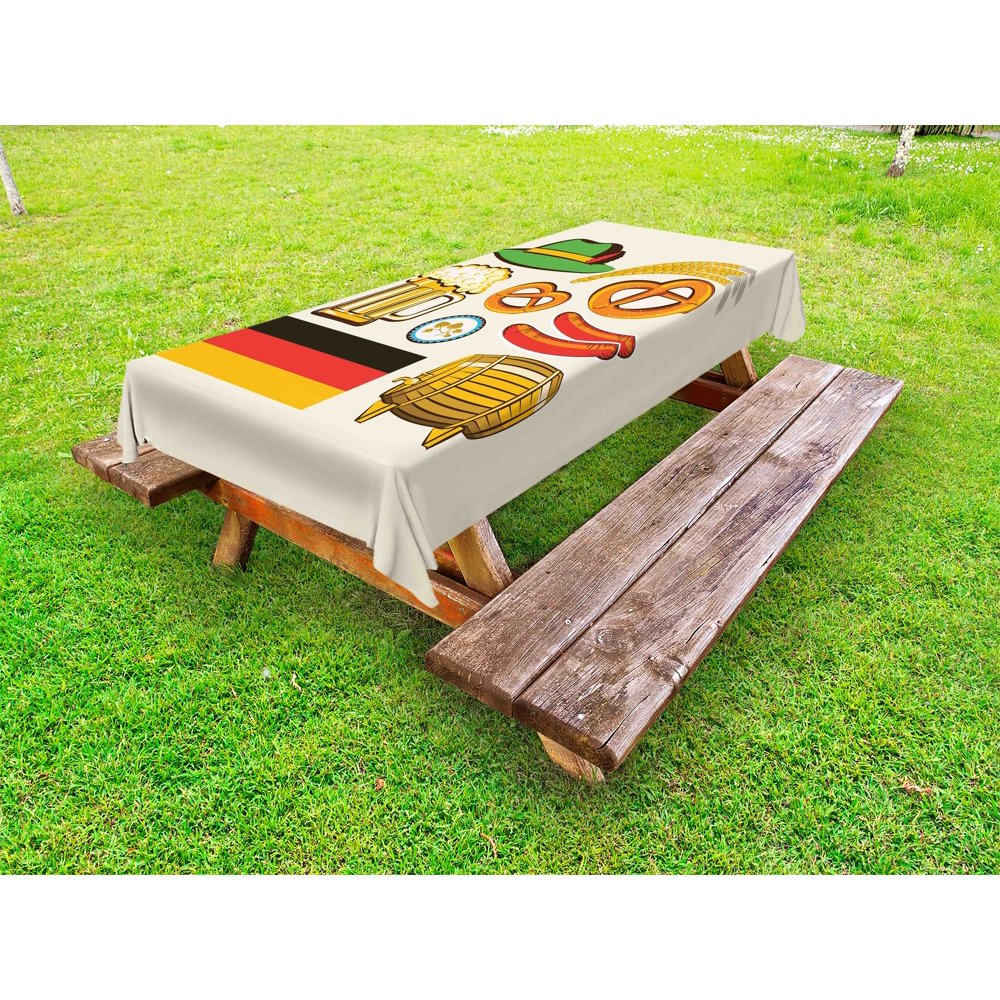 German Outdoor Tablecloth, Oktoberfest Symbols Wheat Sausage Beer and