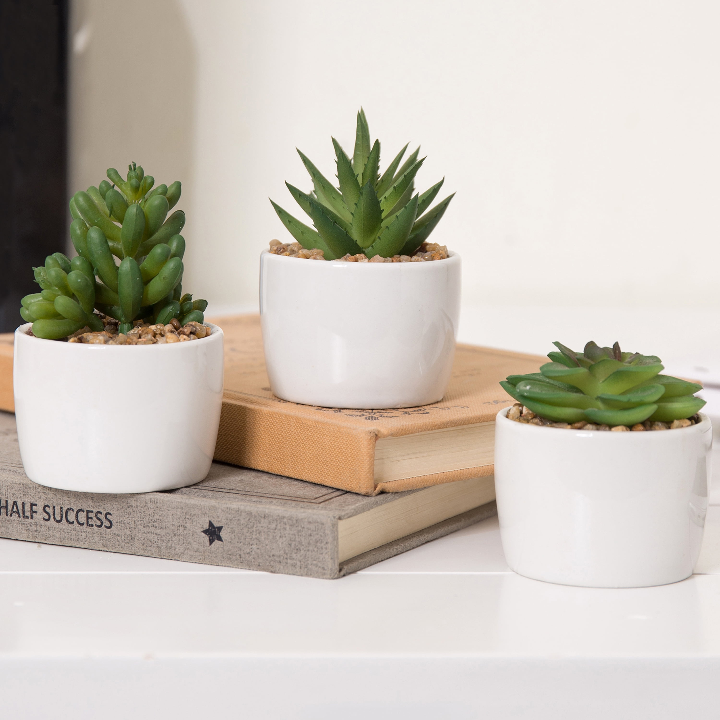 Set of 4 White Ceramic Mini Potted Artificial Succulent Plants /Faux Plant Decor 