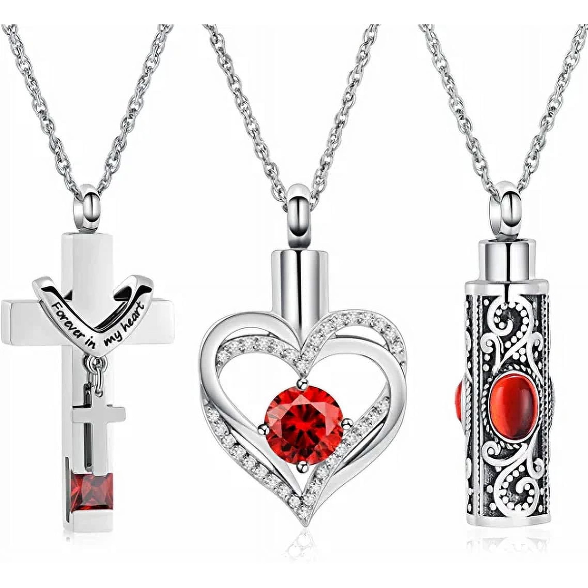 3 Pack Urn Necklace for Ashes for Women Heart / Cross / Cylinder Cremation Jewelry Memorial Keepsake Simulated Birthstone Urn Pendant for Family / Dad / Mom / Sister / Grandparents