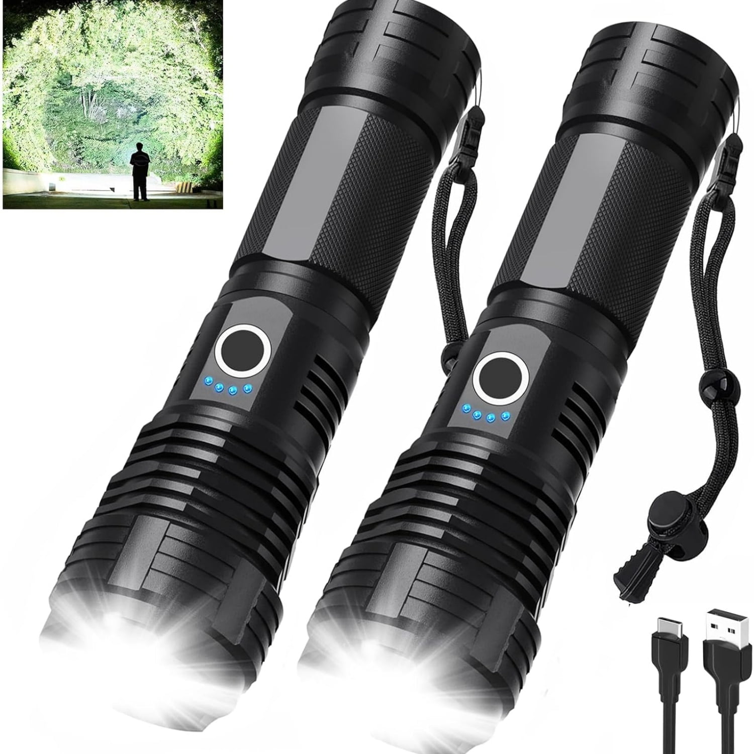 Flashlights 90,000 Lumen High Lumens Rechargeable 2 Pack, Brightest Flash Light with 5 Modes & 18H Runtime, IPX7 Waterproof, Powerful Handheld Flashlights for Home Camping Hiking