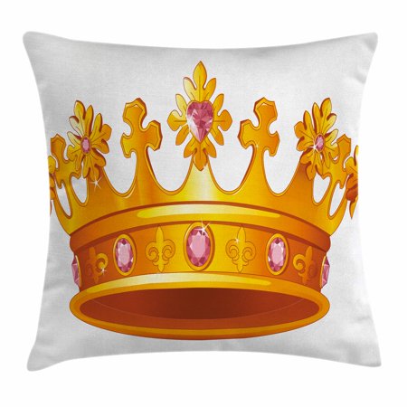 Majestic Square Two Light - Queen Throw Pillow Cushion Cover, Golden Color Crown with Embellishments Majestic Antique Tiara Symbol Nobility, Decorative Square Accent Pillow Case, 18 X 18 Inches, Yellow Light Pink, by Ambesonne