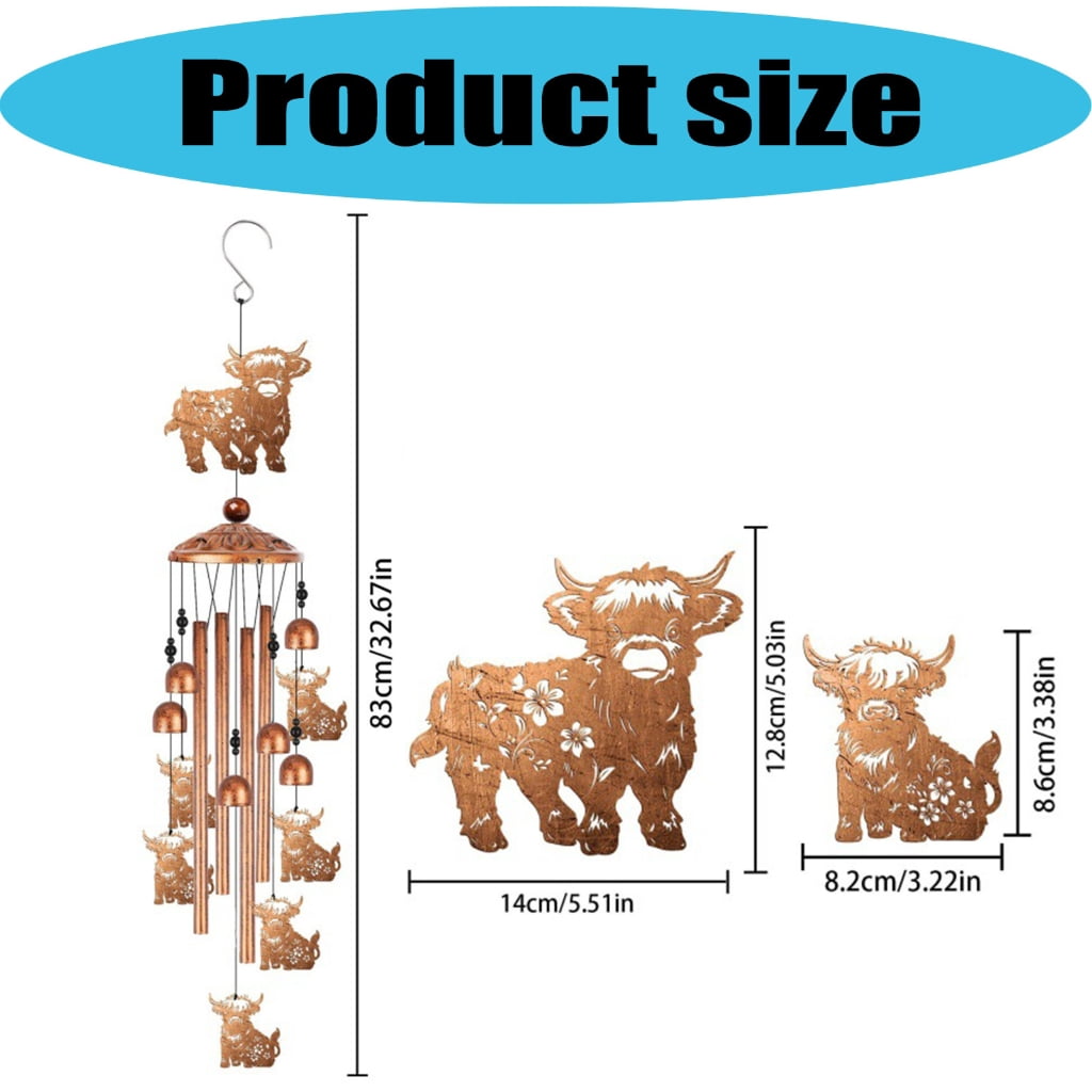 Highlands Cow Wind Chimes for Outside, Garden Decors Metal Windchime Outdoor
