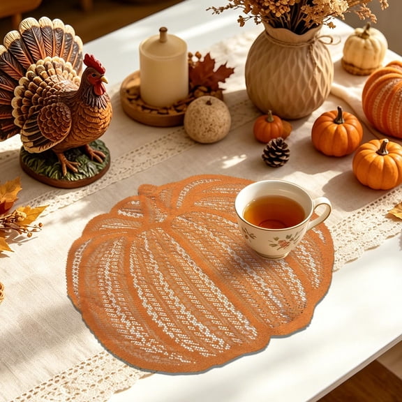 Halloween Savings Fall Pumpkin Shaped Lace Placemats 11.8 inch Polyester Knit Table Doilies Orange Thanksgiving Table Linens for Dining Kitchen Holiday Tabletop Decor Halloween Decor Indoor Outdoor