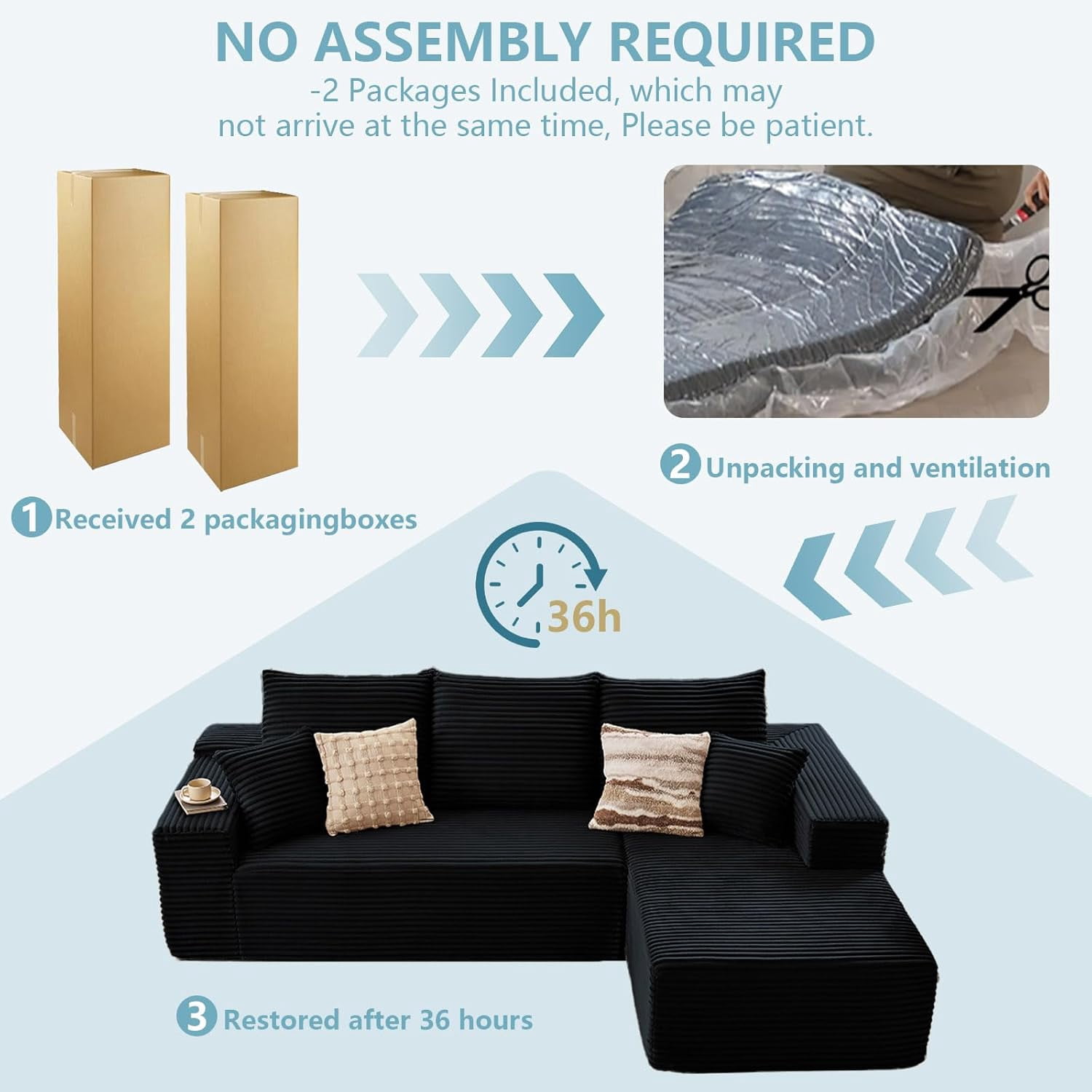 LUCKHAO Left-Facing Chaise Corduroy Tufted Sectional Sofas with 3 Large Cushions, Black
