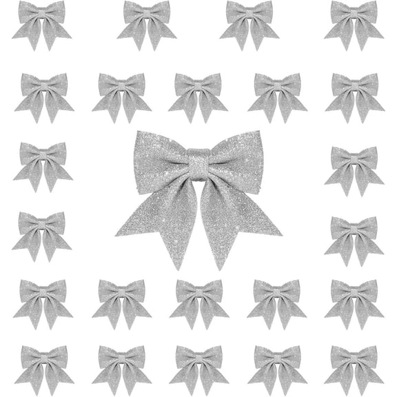 24Pack Christmas Bowknots Ornaments,Silver Glitter Ribbon Bow,Christmas Tree Topper Bow Ties,Shiny Gift Wrapping Bows,Large Sequin Bow Ties,Bow Ornaments for Holiday Home Party