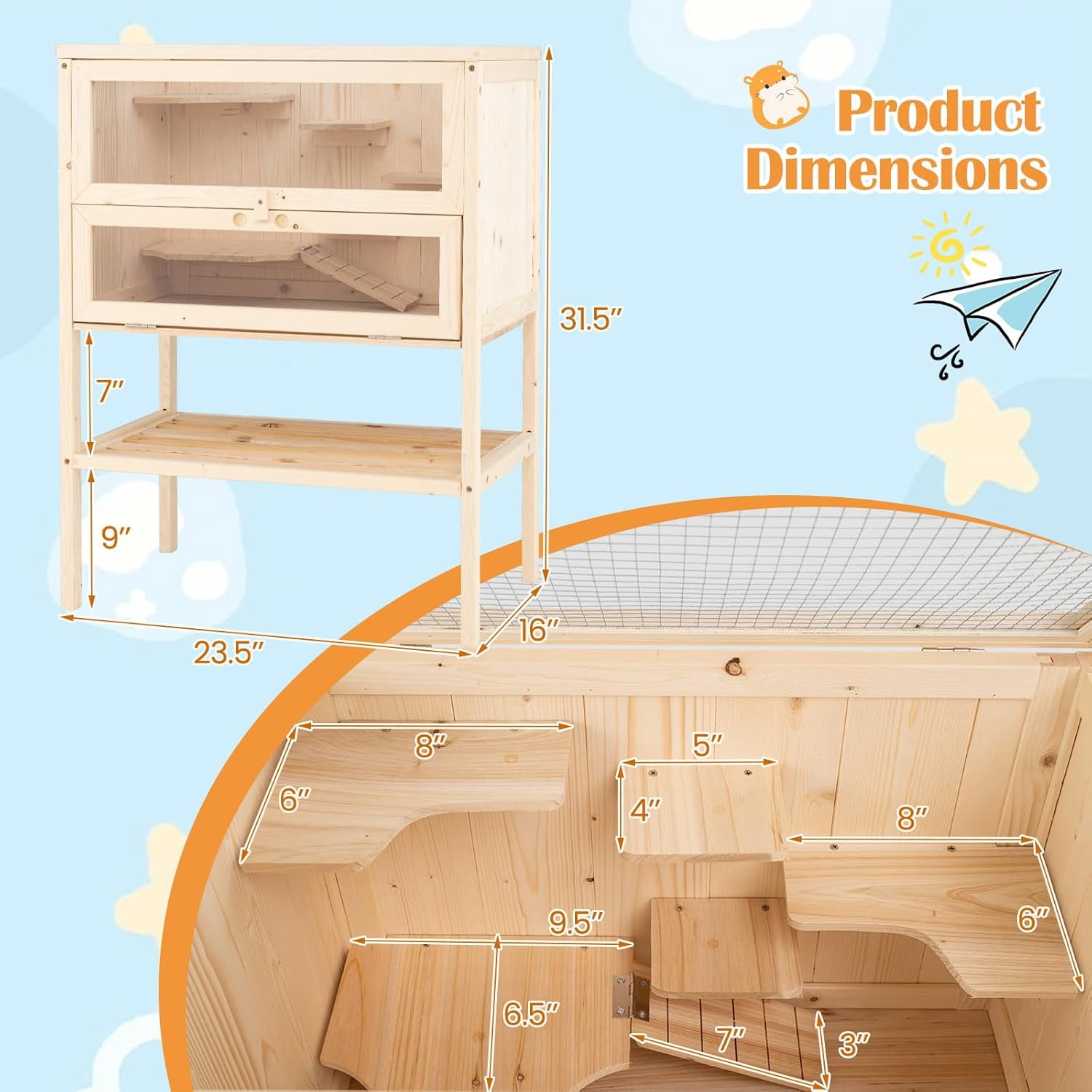 Hejuchuangli 31.5 Inches Freestanding Wooden Hamster Cage, Chew-Proof 2-Layer Hamster House with Full Transparent Viewing, Flip-Top Roof, and Storage Shelf, Ideal for Dwarf Hamster and Gerbils
