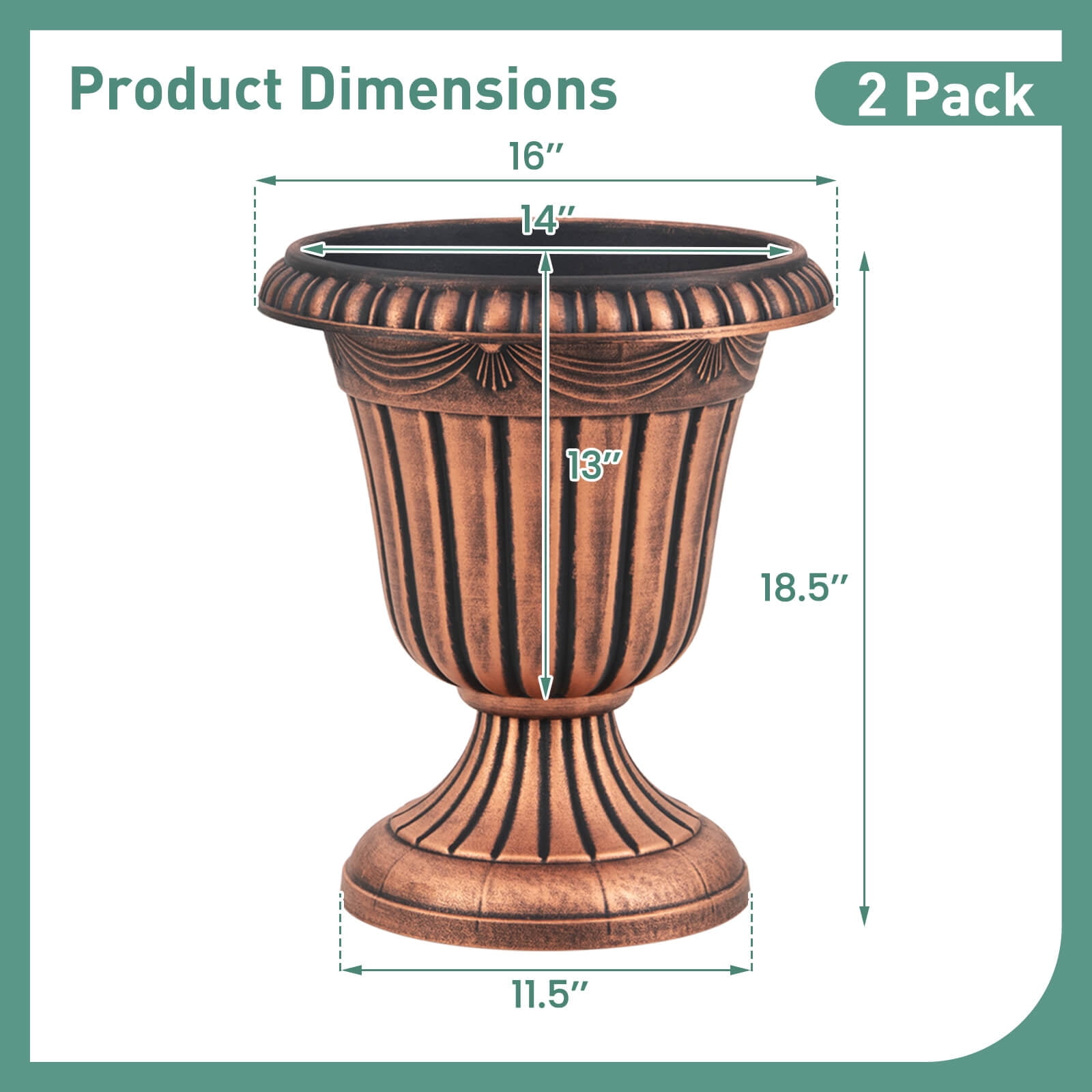 Costway 18 inch Tall Vintage Planters Set of 2 with Pedestal Base & Pre-marked Drain Hole Bronze