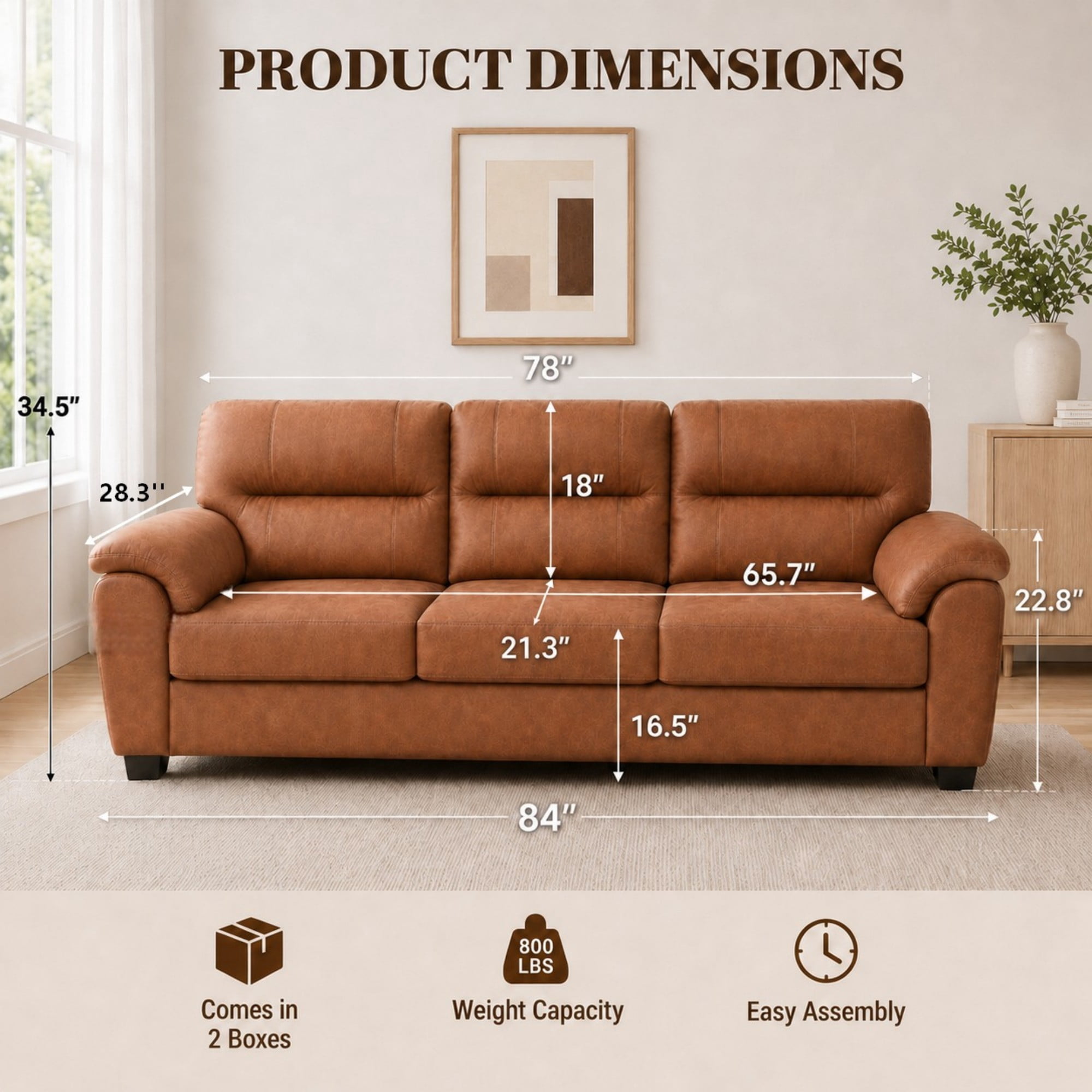 DEALTOPS 84" Tech Cloth 3-Seat Sofa, Mid-Century Vintage Couch with Pillow Arms, Brown
