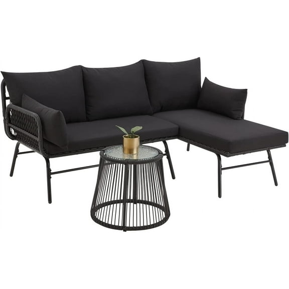 EROMMY 3 Piece Patio Conversation Sets, L-Shaped Sectional Patio Furniture Sofa Set with Thick Cushions and Toughened Glass Coffee Table for Backyard Balcony Garden Porch, Black