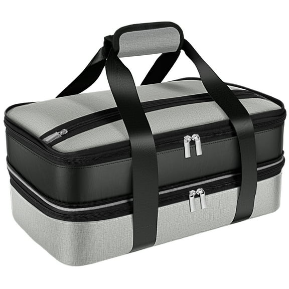 Double Decker Insulated Casserole Carrier for Hot or Cold Food Lasagna Holder Tote Double Decker Food Bag for Picnics Beaches Traveling or Gifts Fits 9"x13" Baking Dish Grey
