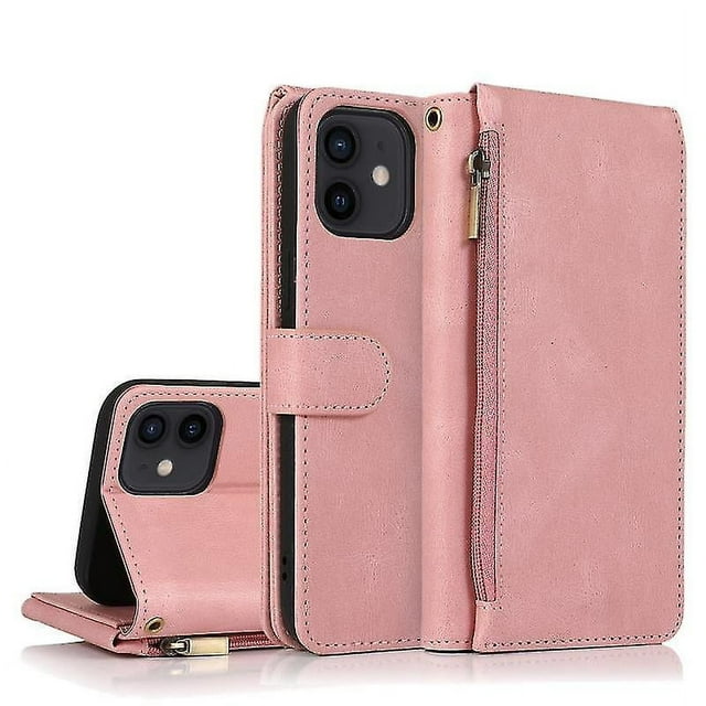Funda de cuero con tapa horizontal y cremallera para iPhone 12 Mini, con textura de caballo loco, ranuras para tarjetas, billetera y cordón.