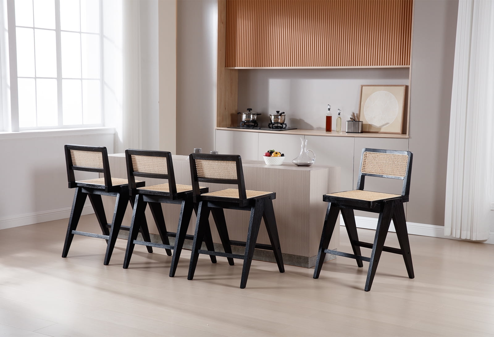 Dayalane 26" Rattan Counter Height Bar Stools Set of 2, French Bar Stools with Cane Back, Wooden Farmhouse Kitchen Chairs Counter Stools with Footrest for Kitchen Island Bistro Bar, Beige