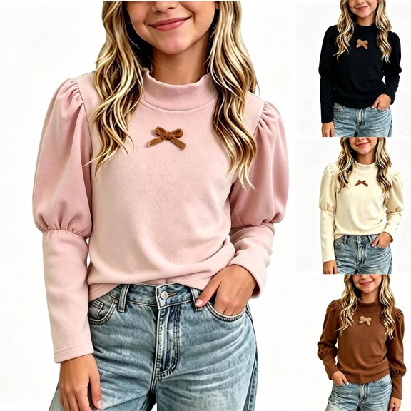 Asxite Girls Solid Tops Mock Neck Long Puff Sleeve Thick Thermal Cotton Fall Winter Tee