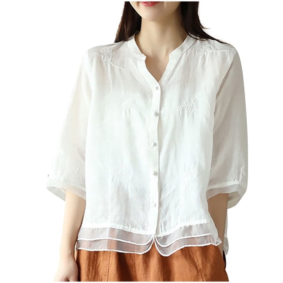 Nfurl Women's Linen Tops Elegant Embroidered Print Button Down Linen Shirts Casual 3/4 Sleeve Summer Tops White XL