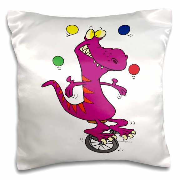3drose, Silly T-rex Dino Juggling on Unicycle Cartoon, 16x16 inch Pillow Case