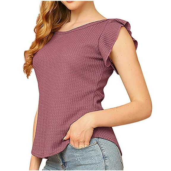 FAIWAD Women's Summer Ruffle Cap Sleeve Tank Tops Casual Round Neck Ribbed Knit Sleeveless Blouses