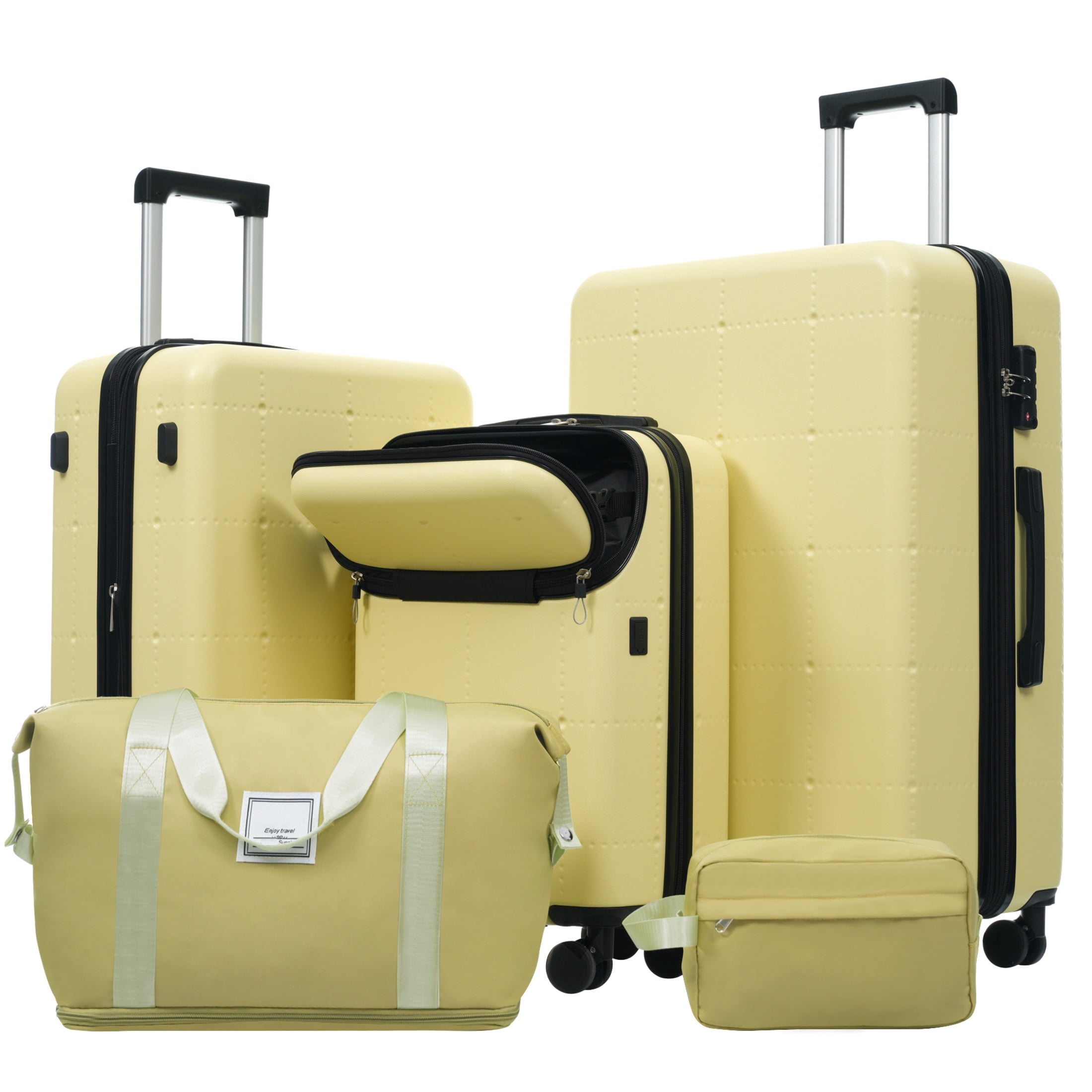 GDF Studio 5-Piece Hardside Luggage Set, Carry-On Suitcase with USB Port and Checked Bags, Spinner Wheels, Yellow
