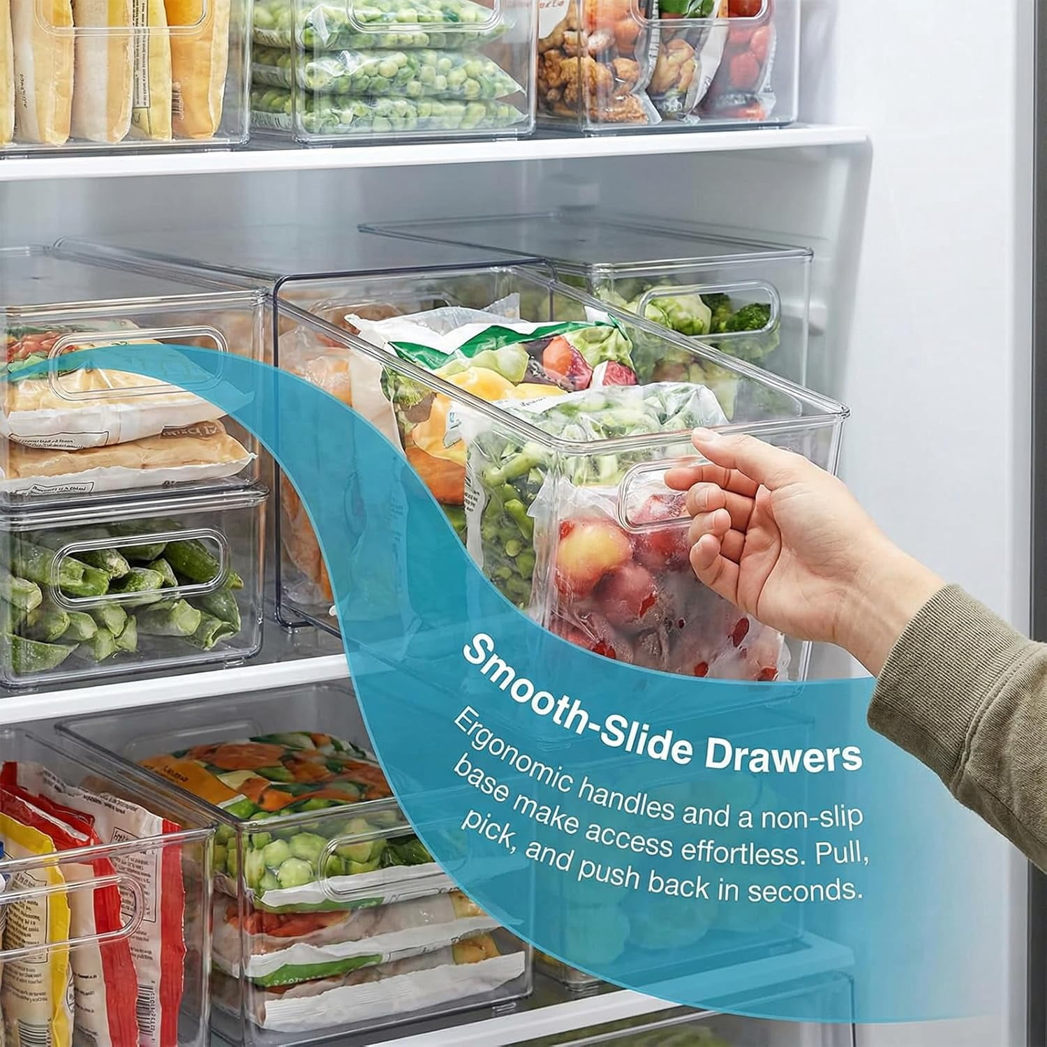 Crystal Clear Freezer Storage Bins - 4 Pack Pantry Storage Bins and Organizers, Plastic Bins for Shelves, Kitchen, Freezer, Cabinet, Closet, Bathroom Under Sink Storage (L*4)
