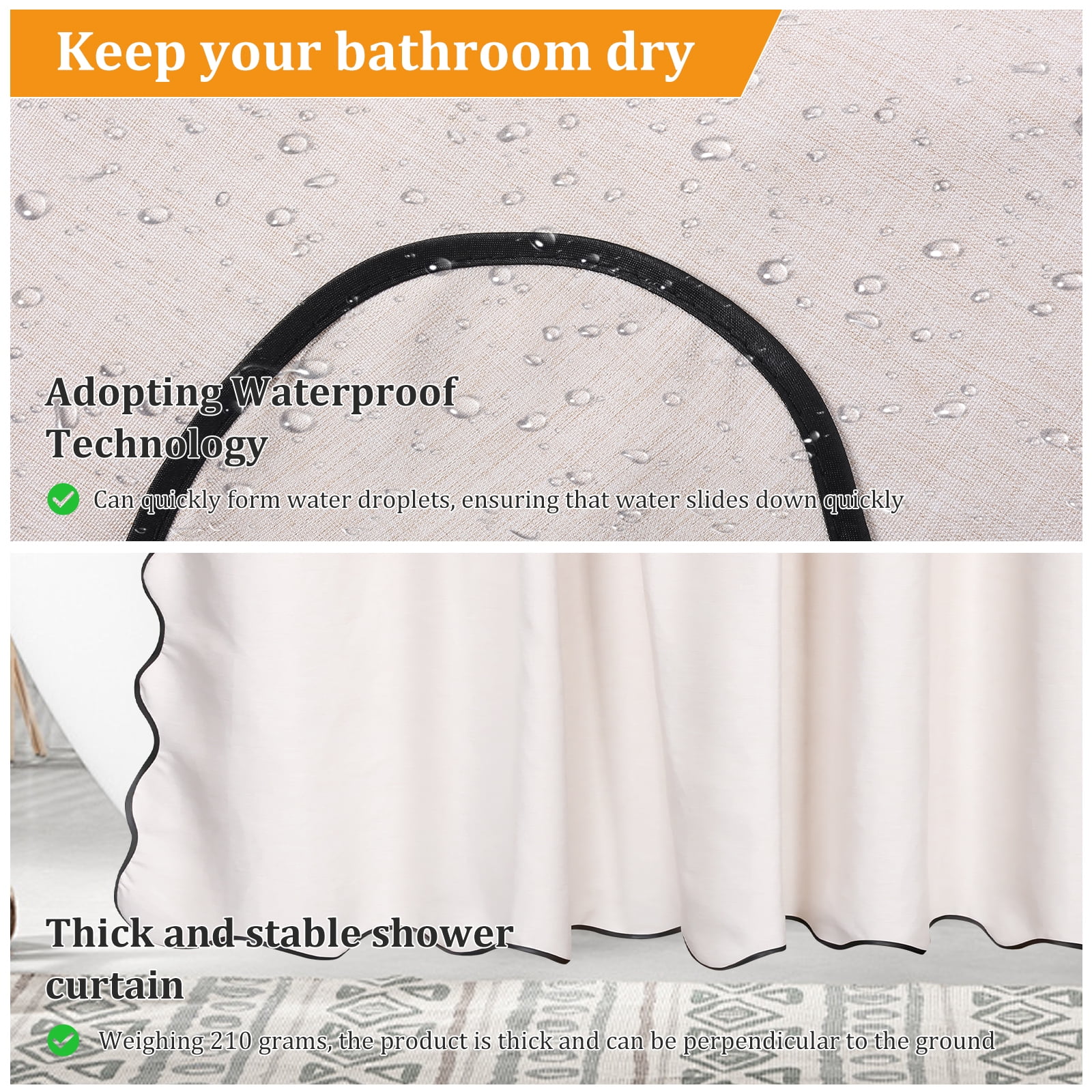 Dznils Black Scalloped Boho Shower Curtain with Hooks, Water-Repellent Thick Linen Fabric Bathroom Curtain, Beige, 72" x 72"