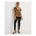 thumbnail image 3 of LAUREN RALPH LAUREN Womens Black Ruffled Tie Elastic Waist Floral Flutter Sleeve Surplice Neckline Peplum Top Petites PL, 3 of 4