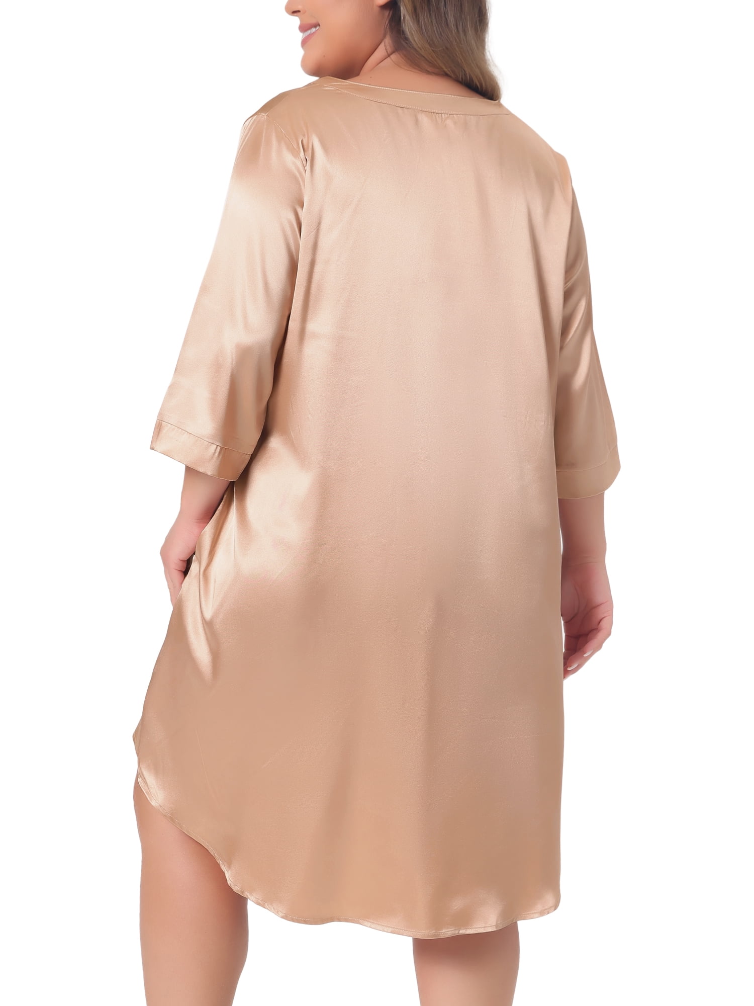 DARING DIVA Women's Plus Nightshirt Satin Button Down 3/4 Sleeve Nightgown 1X Champagne