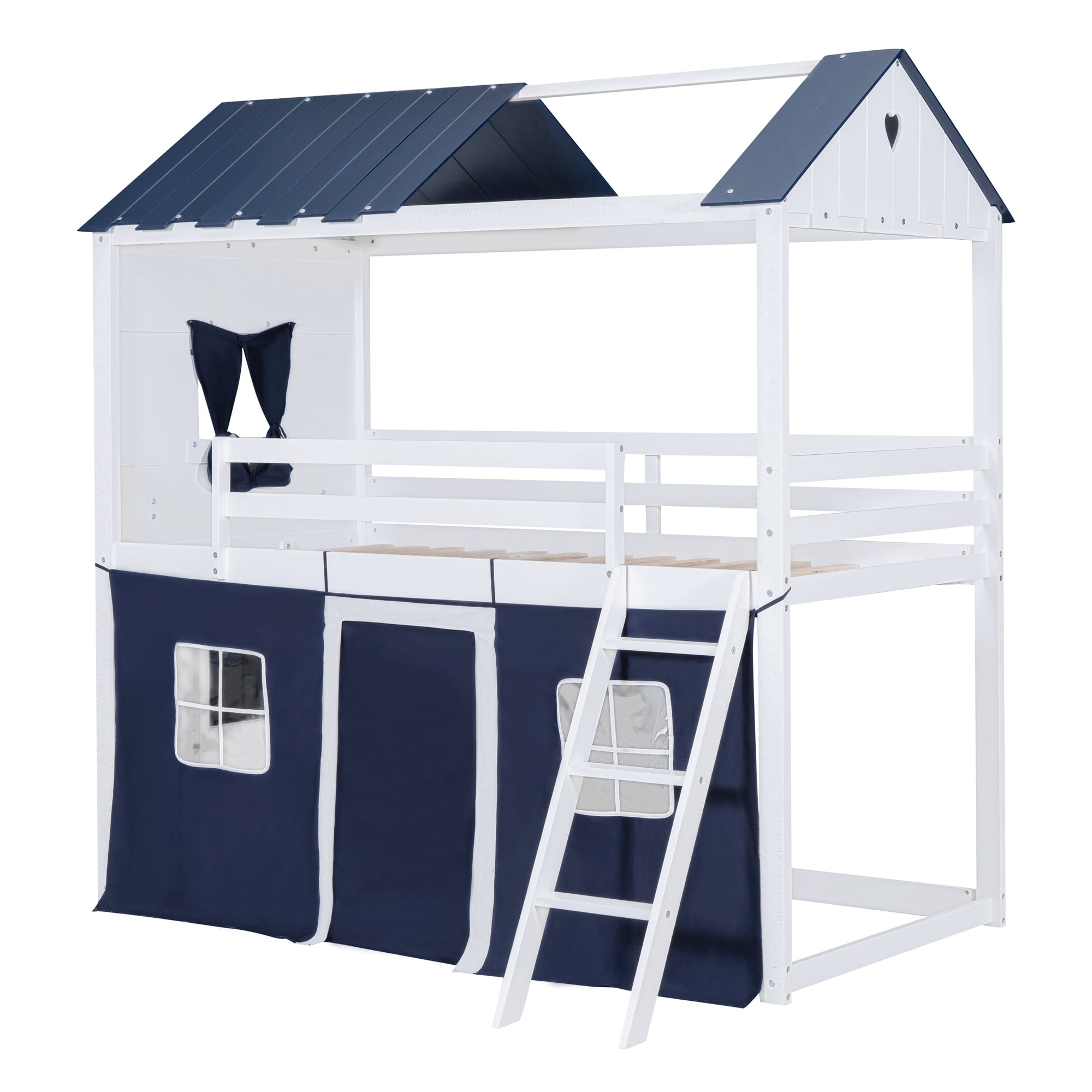 Euroco Twin over Twin Size Bunk Bed, House Bed with Ladder and Tent for Kids Teens, Blue