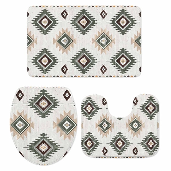 Sage Green Aztec Bath Mat 3 Piece Bathroom Rug Set, Southwest Boho Ethnic Chic Motifs Non Slip Bath Rug Contour Mat and Toilet Lid Cover, Absorbent Shower Mats Soft Bath Rugs and Mats Sets