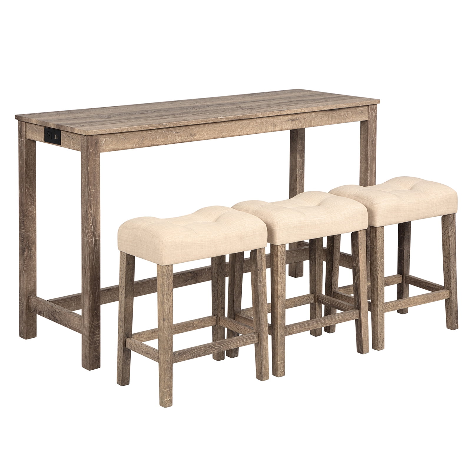 Aukfa 4 Piece Bar Table Set with Power Outlet, Breakfast Table with 3 Padded Stools, Dining Table and Chairs Set for Living Room, Dining Room, Brown