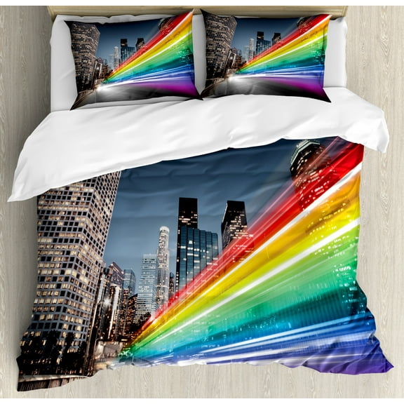 City Duvet Cover Set Queen Size, Colorful Rainbow Style Blurred Trails in Los Angeles Modern Architecture, Decorative 3 Piece Bedding Set with 2 Pillow Shams, Multicolor, by Ambesonne