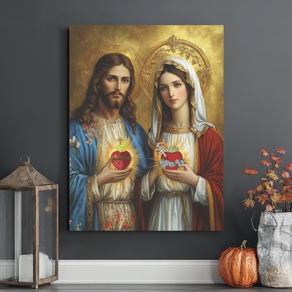 Sacred Hearts of Jesus and Mary Canvas Wall Art: Christian Home Decor