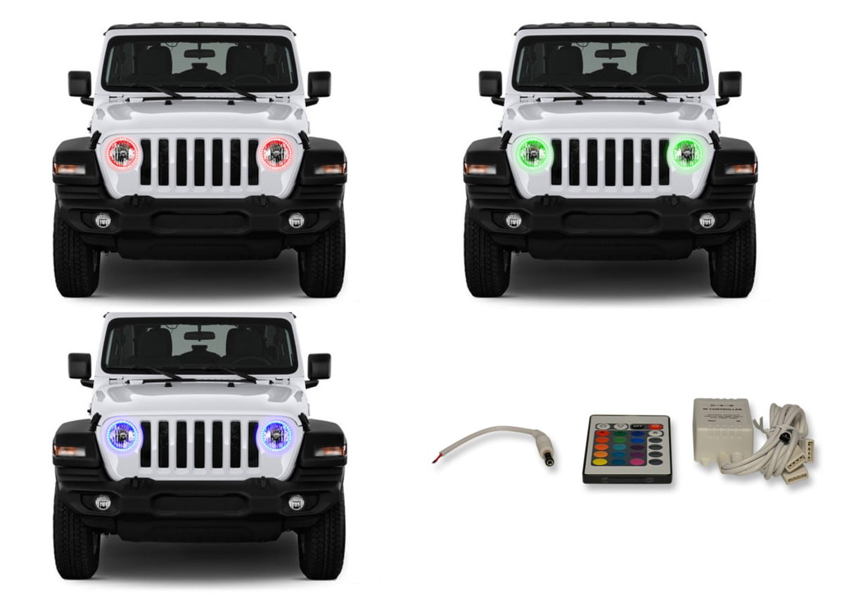 Flashtech LED RGB Multi Color Halo Ring Headlight Kit for Jeep Wrangler  18-19 with  Fusion Color Change IR Remote 