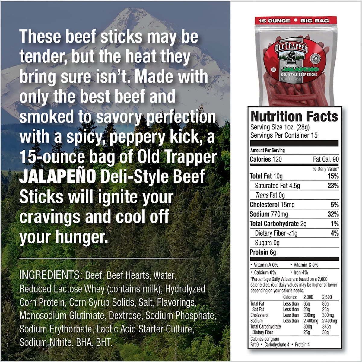 (2 pack) Old Trapper Jalapeno Smoked Beef Stick 15oz Resealable Bag
