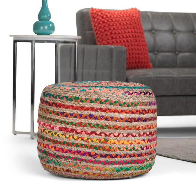 SIMPLIHOME Margo Pouf Rond, Repose-Pieds, Rembourré en Jute Tressé à la Main Multicolore, pour le Salon, la Chambre et la Chambre d'Enfant, Boho, Contemporain, Moderne