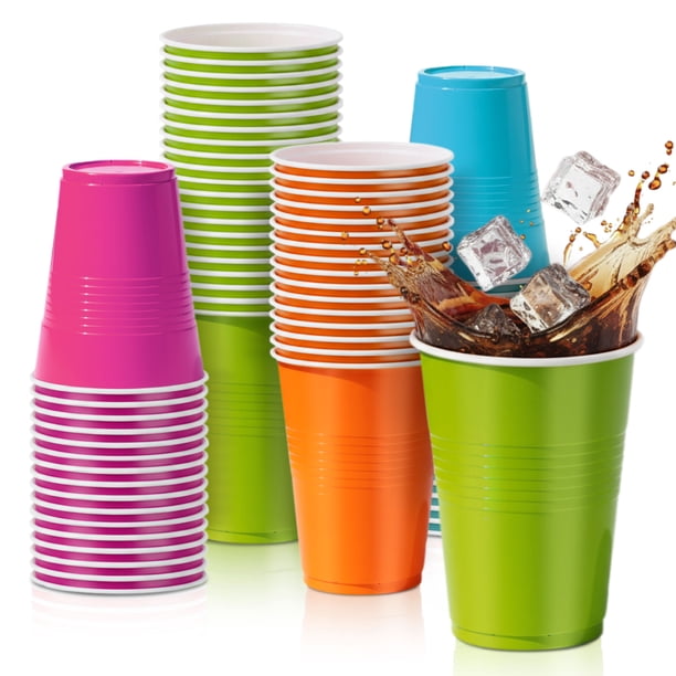Berry Bloom 100 Vasos de Colores Premium para Fiesta, 473 ml (16 oz), Extra Resistentes Rosa, Verde, Azul y Naranja, Ideales Para Eventos Y Reuniones, Perfectos Para Cócteles Y Bebidas Frías