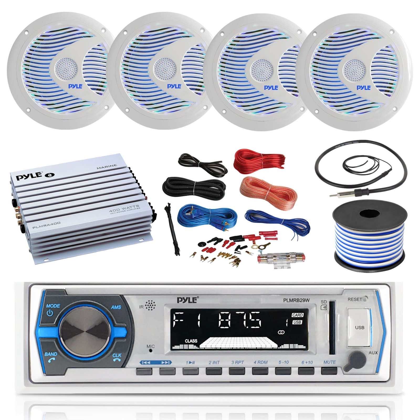 Enrock 50Ft 16g Speaker Wire Pyle Single DIN Marine Boat USB/SD Bluetooth Stereo Receiver w/Waterproof Cover Bundle Combo with 4 x Enrock 6.5 Full-Range White Audio Coaxial Speakers 