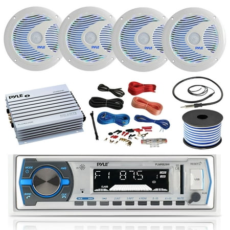 16-25' Bay Boat: Pyle Bluetooth Marine USB MP3 Stereo Receiver, 4 X Pyle 6.5'' Waterproof White Speakers w/ LED, Pyle 4 Channel Boat Amplifier, Amp Install Kit, 18 Gauge 50 FT Speaker Wire,