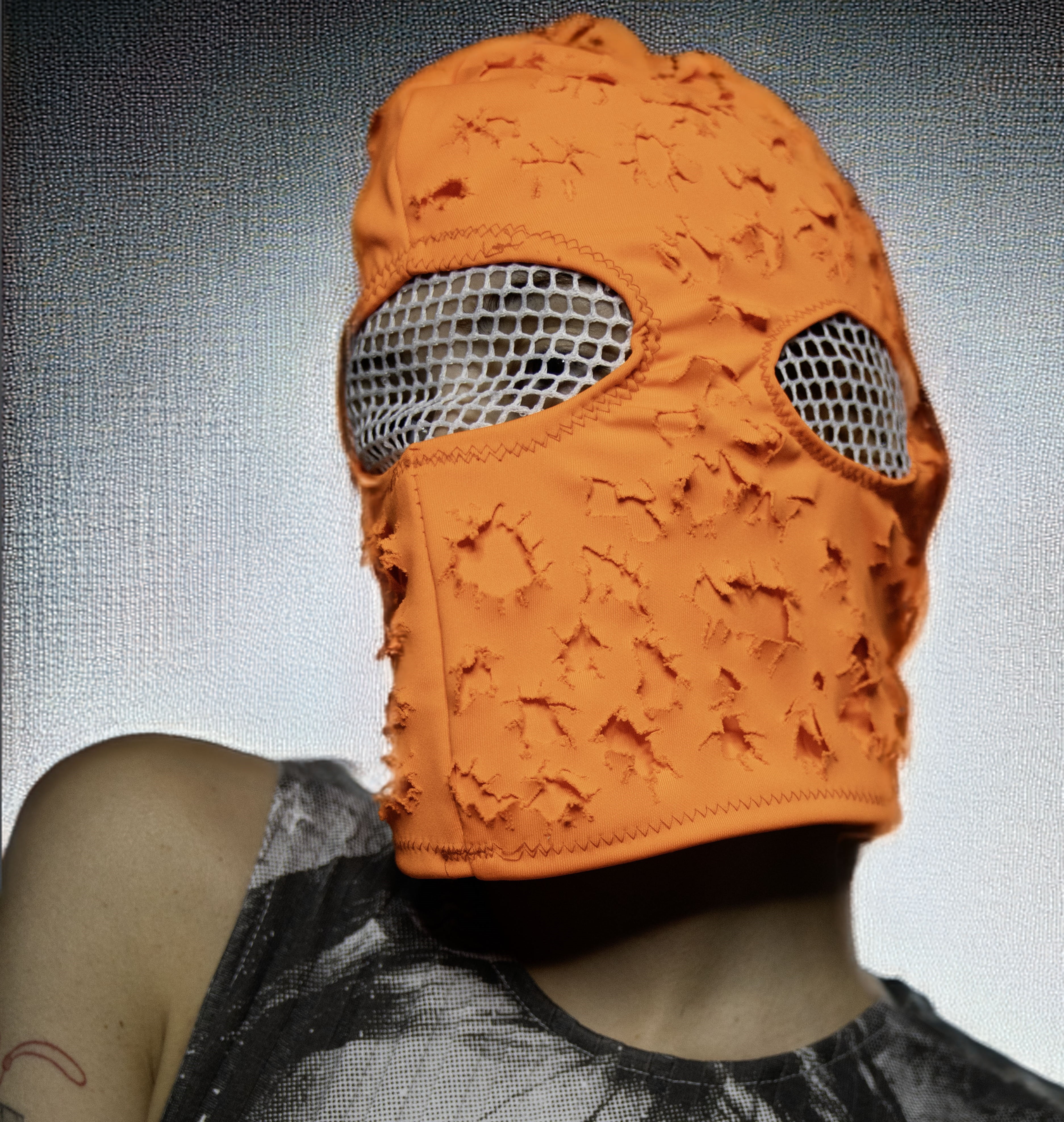 Orange Double Layered Ripped Pattern Ski Mask & Balaclava  Modern Style with White Mesh Details"