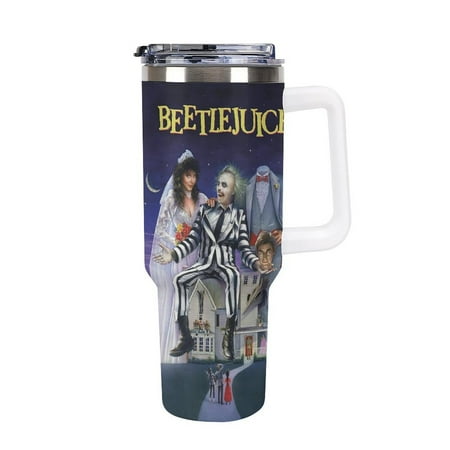 

Beetlejuice 40oz Water Bottle Fits in Cup Holder Stainless Steel Insulated Tumbler with Handle Straw Car Cup