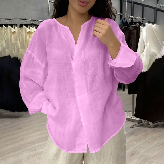 Gamivast Linen Tops for Women Oversized V Neck Long Sleeve Casual Shirts Trendy Drop Shoulder Loose Vacation Blouses Beach outfits
