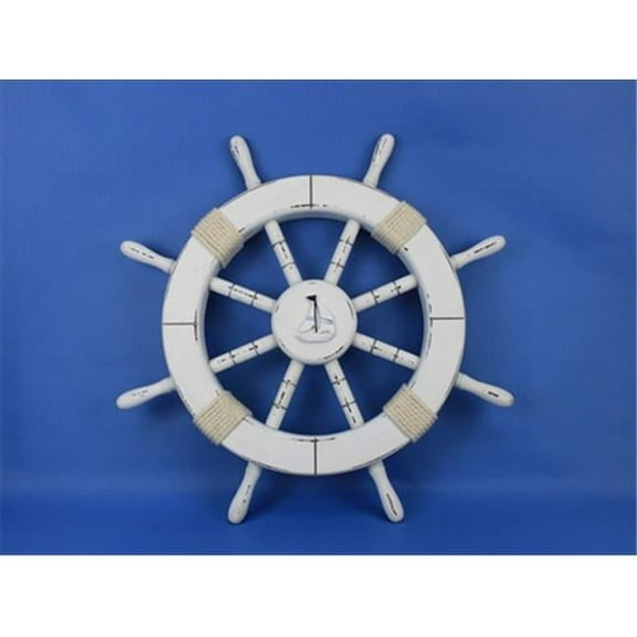 Handcrafted Model Ships Rustic-White-SW-Sailboat-18 Rustic White Ship Wheel With Sailboat 18 in. Decorative Accent