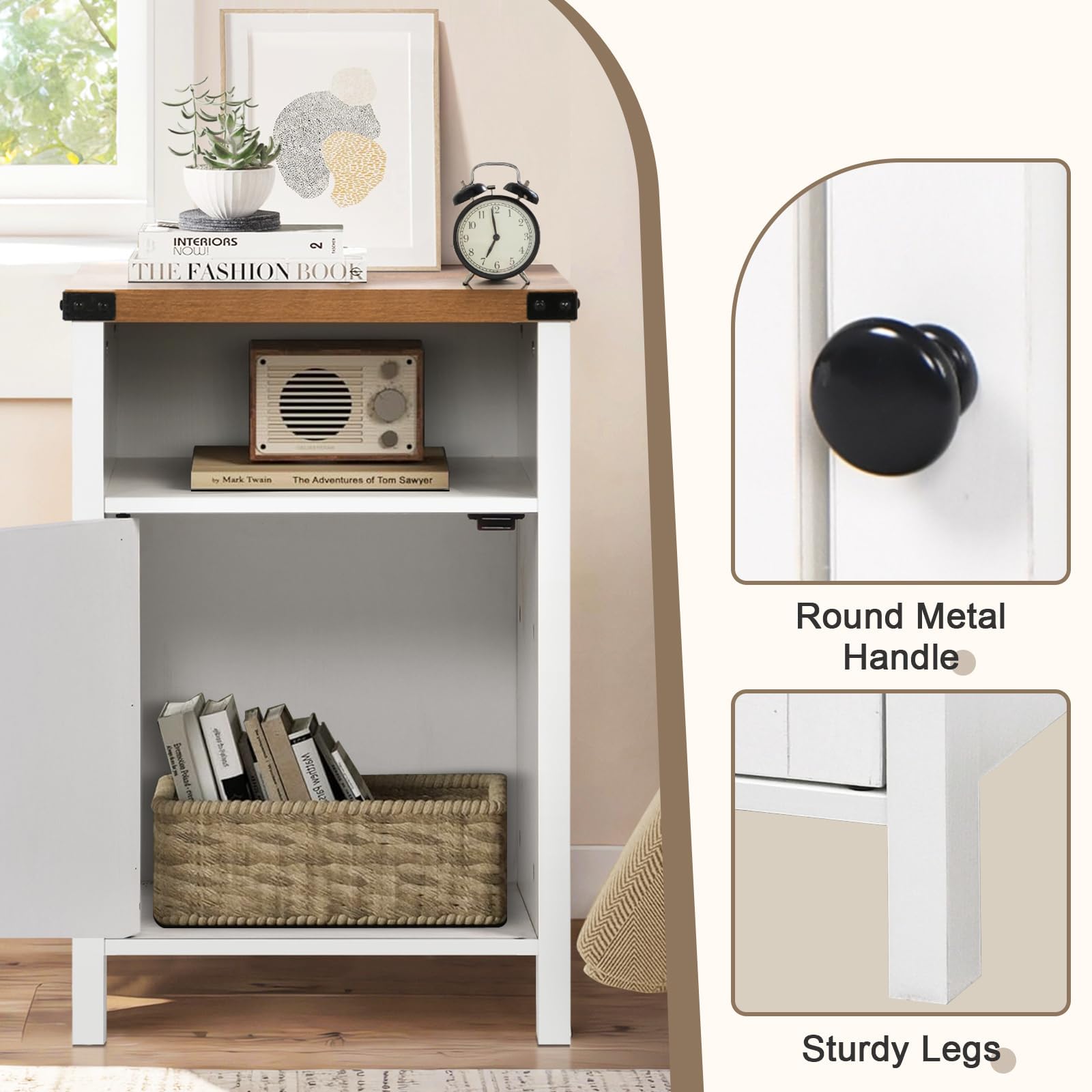 4 EVER WINNER Farmhouse Barn Door Side Table Set of 2, Cream White End Table with Barn Door Storage, Bedside Table for Bedroom Living Room