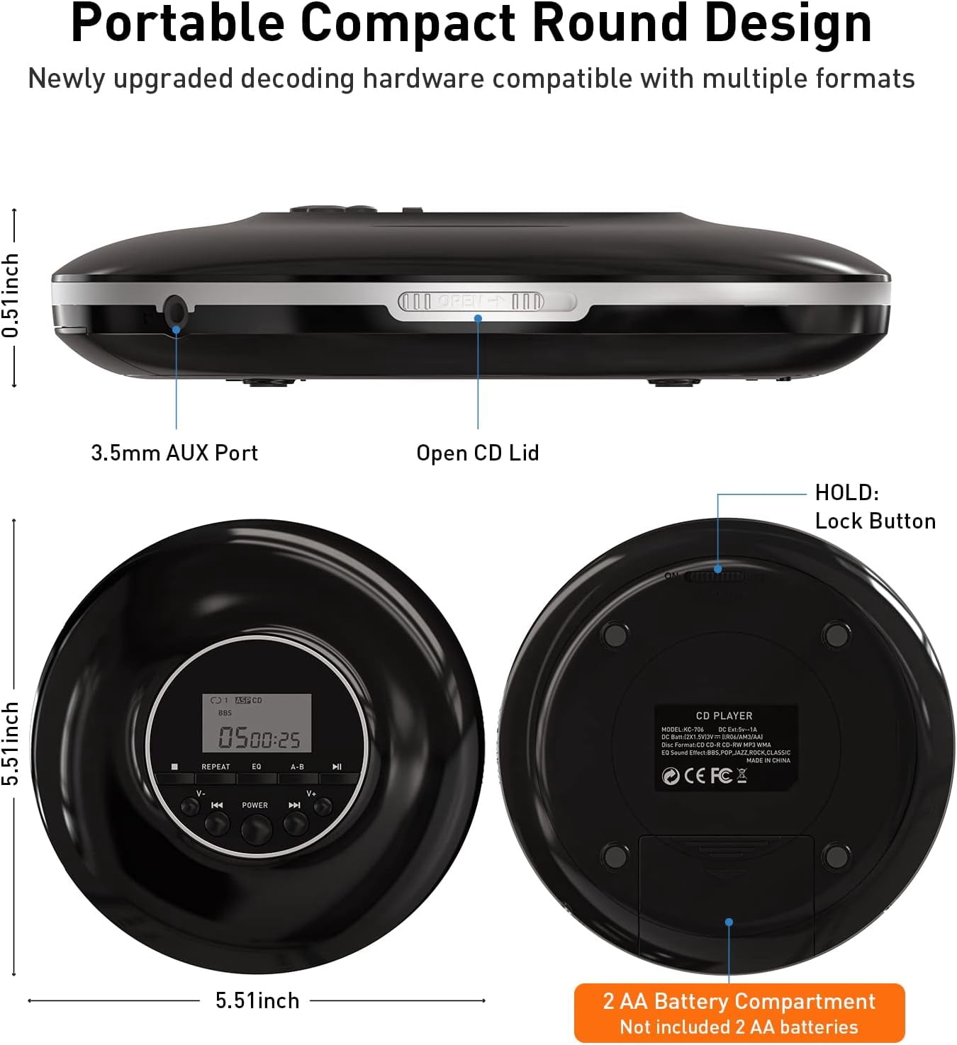 Portable CD Player, Small Music CD Player Walkman for Kids/Seniors with Anti-Skip and Shockproof, Personal Compact Disc Player with Headphones for Home Travel and Car-Black