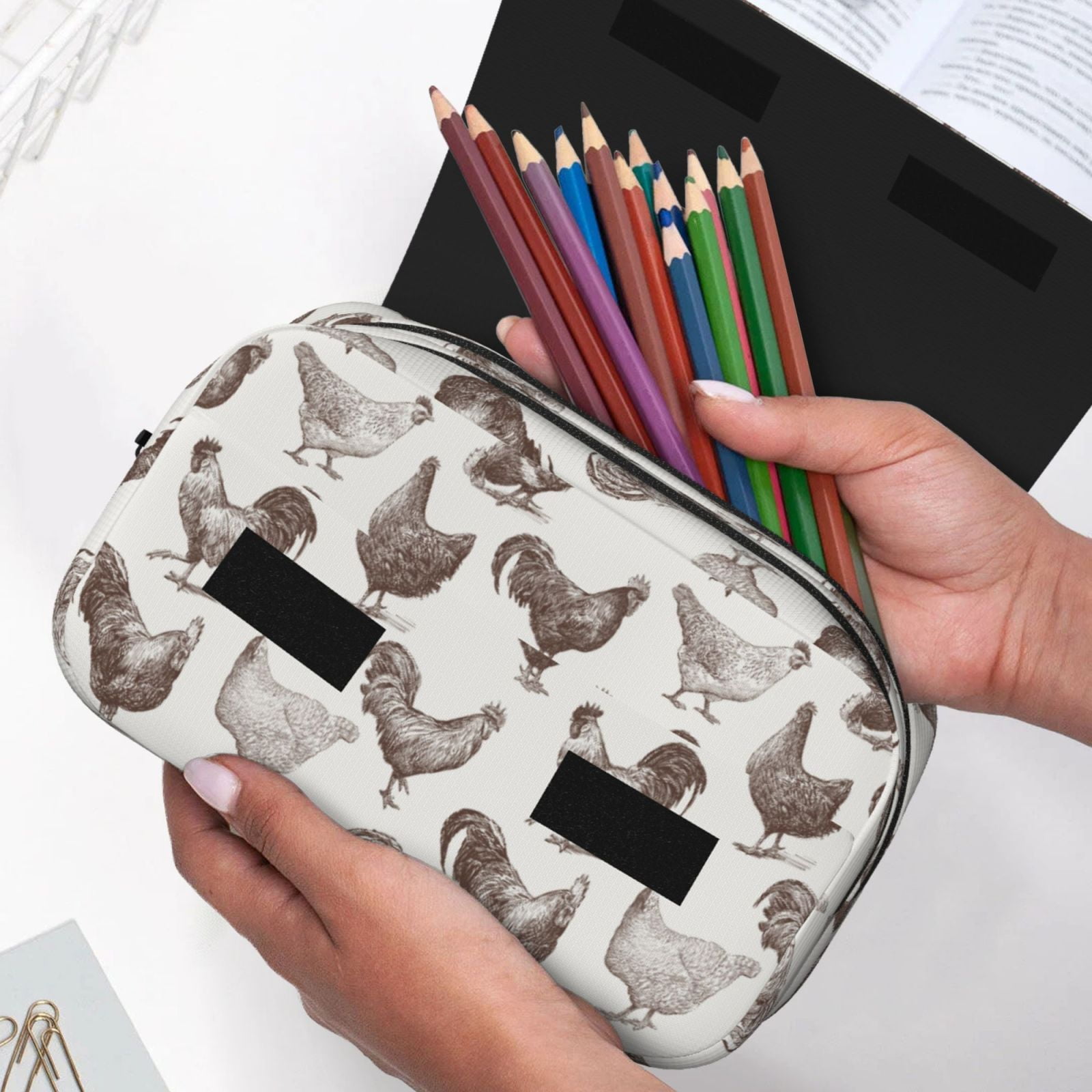 Rateoe Chickens Pattern Double Clamshell Pen Case, Storage Organizer with Two Zipper Compartments– Holds Up to 50 Pencils & Pens