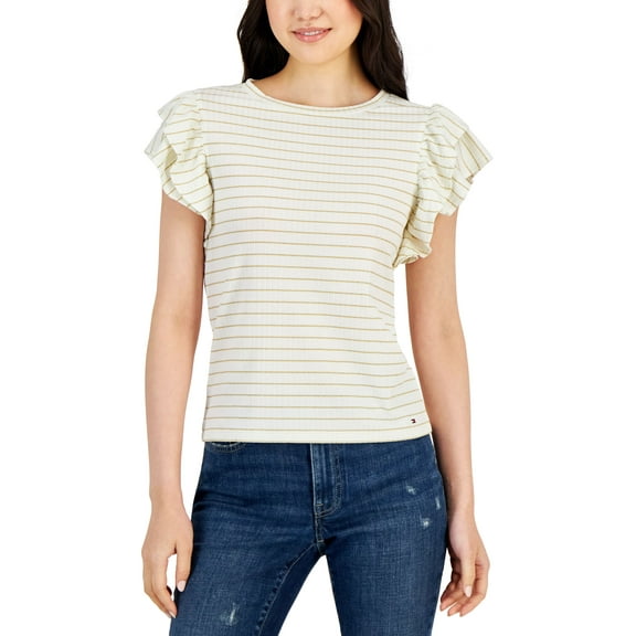 Women's Striped Metallic Flutter-Sleeve Top Ivory W/Gold L
